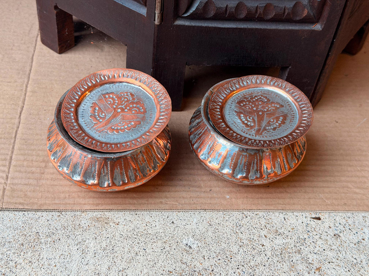 Vintage Tinned Copper Bowl Set Hand Hammered Small Trinket Vessel Pair 4in