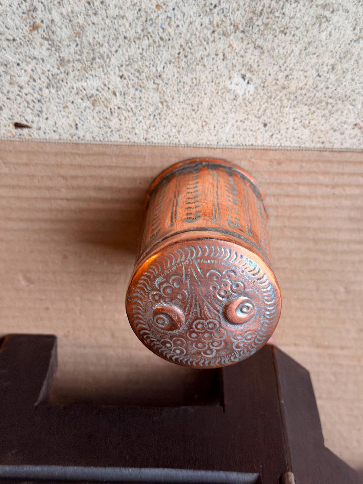 Vintage Tinned Copper Lidded Jar Hand Chased Floral Small Canister Box 3.5in