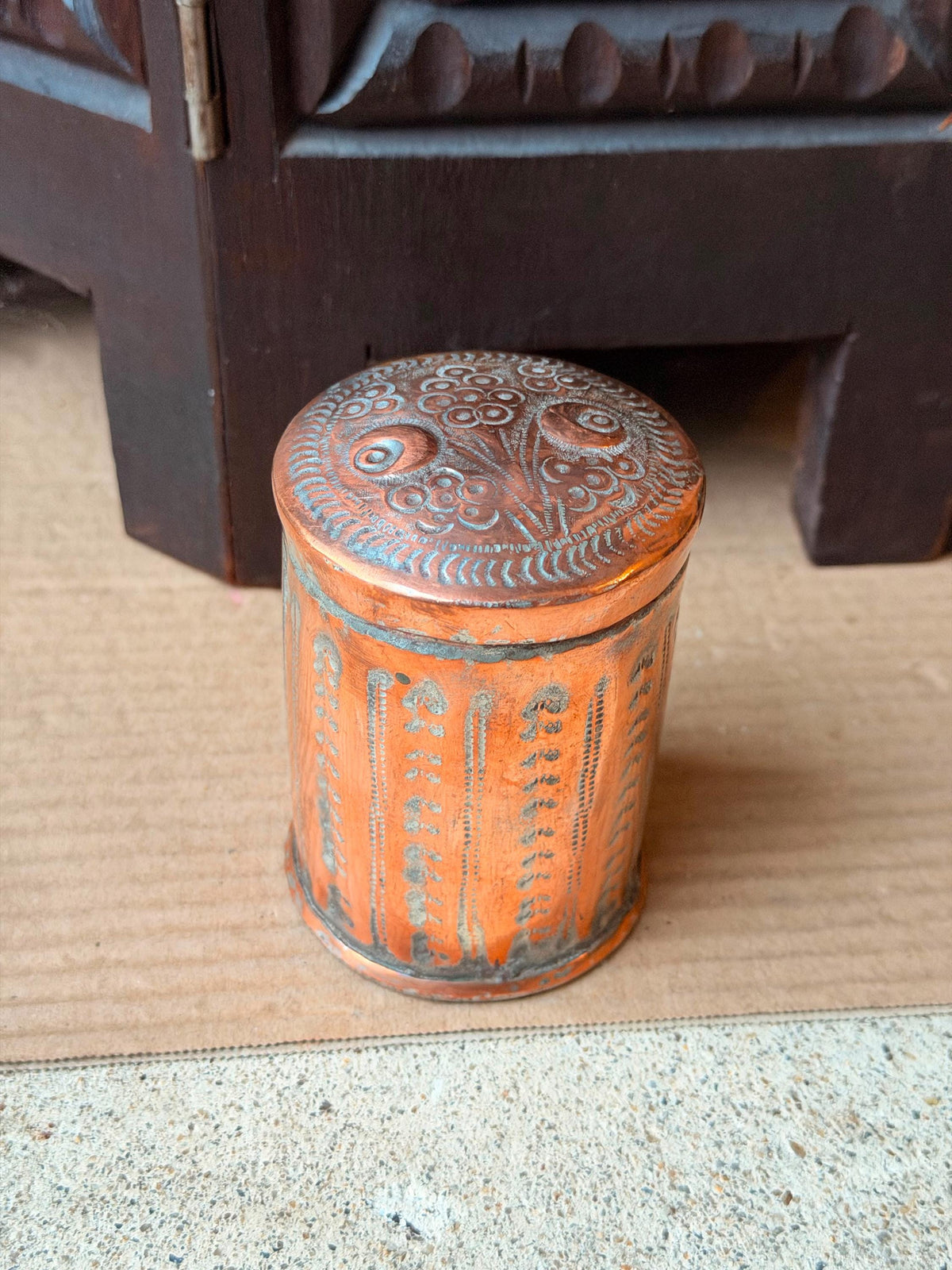 Vintage Tinned Copper Lidded Jar Hand Chased Floral Small Canister Box 3.5in