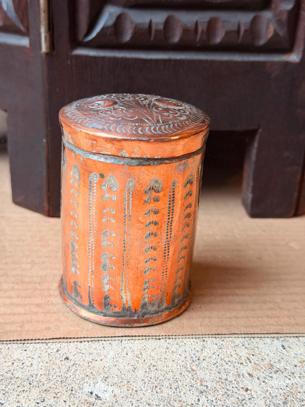 Vintage Tinned Copper Lidded Jar Hand Chased Floral Small Canister Box 3.5in