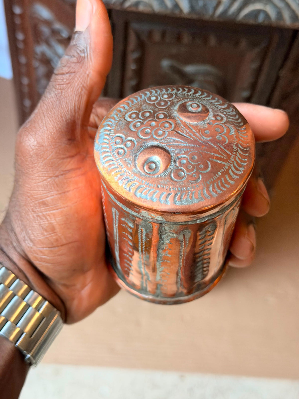 Vintage Tinned Copper Lidded Jar Hand Chased Floral Small Canister Box 3.5in