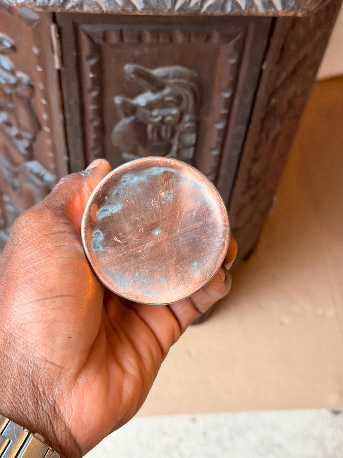 Vintage Tinned Copper Lidded Jar Hand Chased Floral Small Canister Box 3.5in