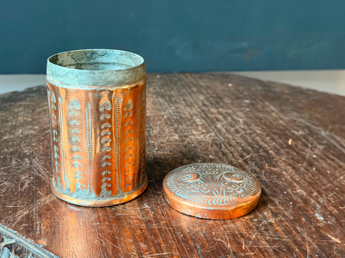 Vintage Tinned Copper Lidded Jar Hand Chased Floral Small Canister Box 3.5in