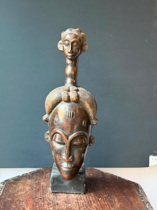 Vintage Baule Mask Hand Carved Wood Portrait Mask Crest Figure African Art 16in