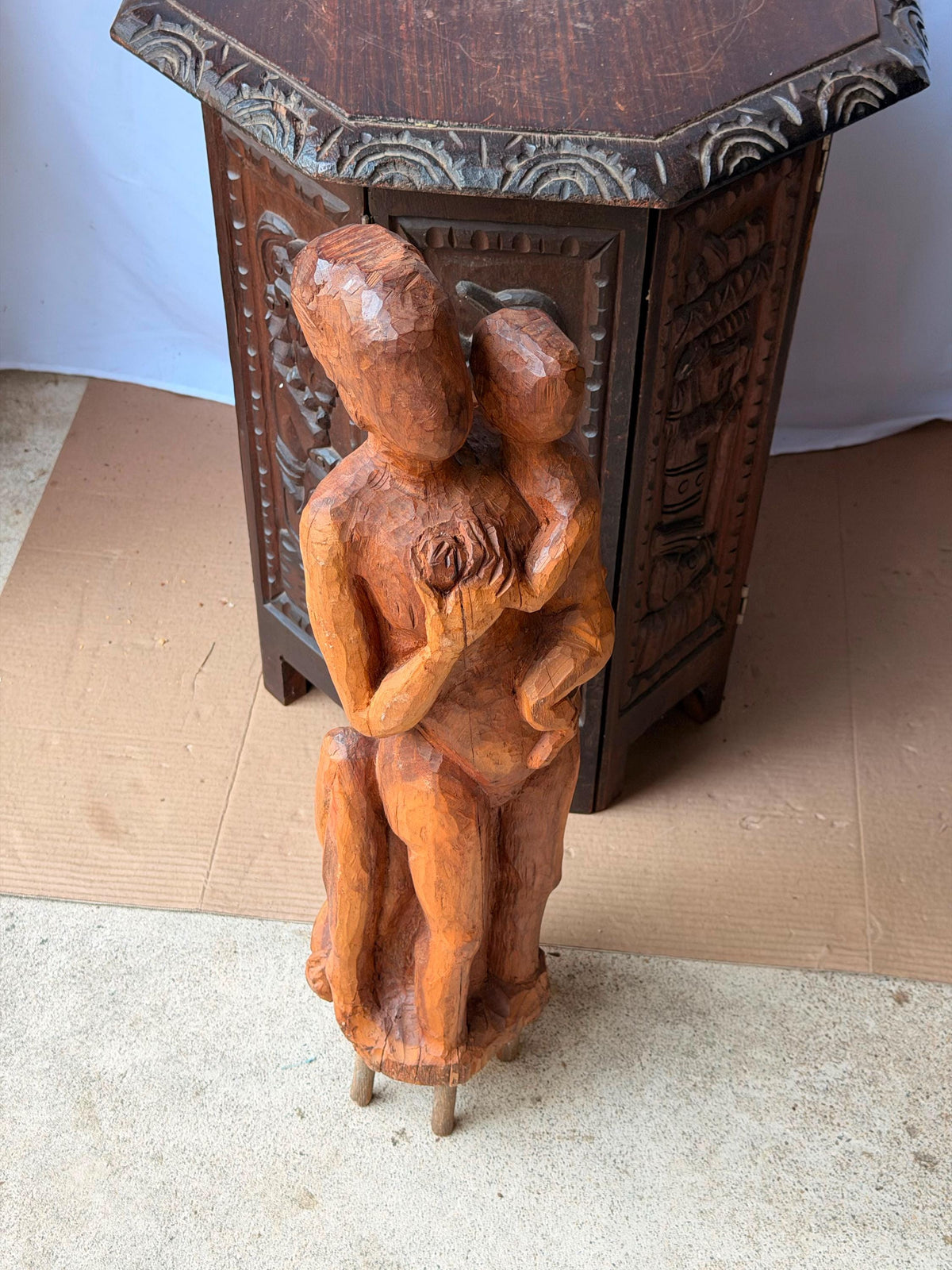 Vintage Hand Carved Wood Mother Child Sculpture Mid Century Expressionist 24"