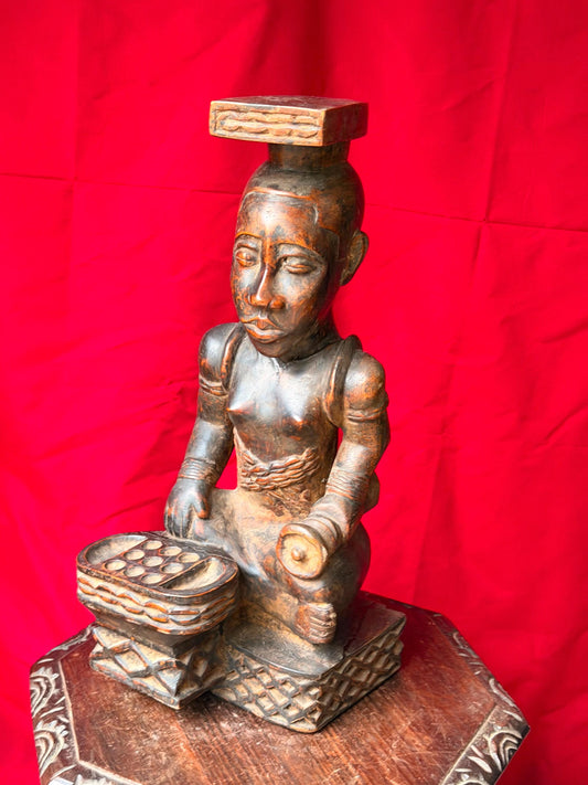 Vintage Kuba Ndop King Figure Carved Wood Mancala Board Statue African Art 22"