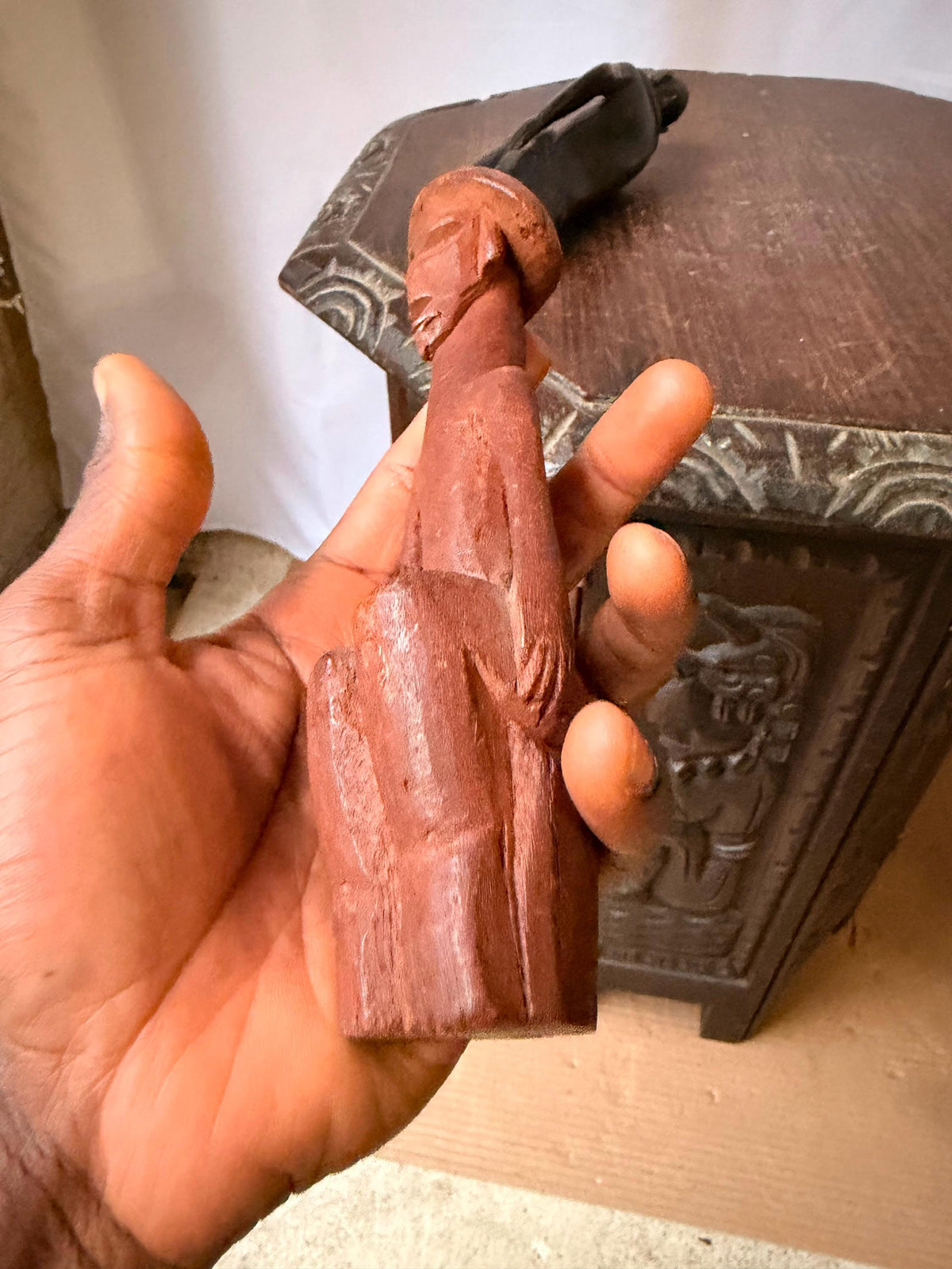 Pair Vintage Carved Wood African Figures Seated Sculpture Tribal Folk Art 7.5"