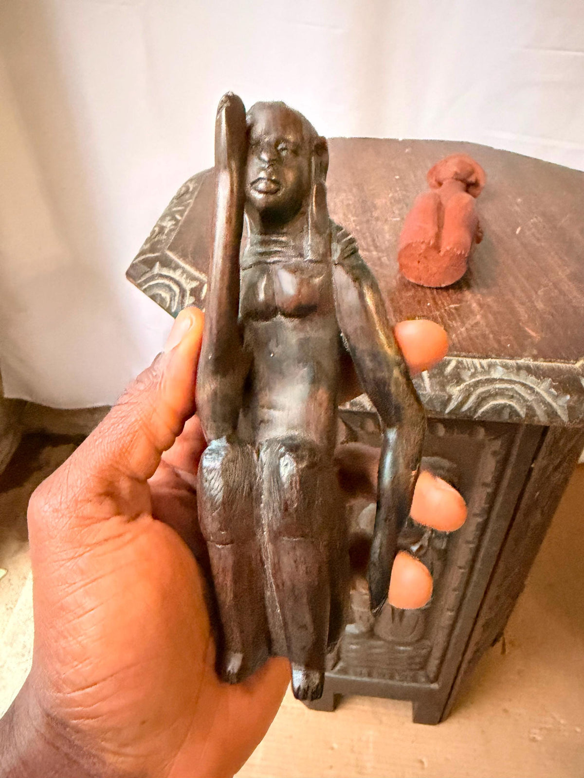 Pair Vintage Carved Wood African Figures Seated Sculpture Tribal Folk Art 7.5"