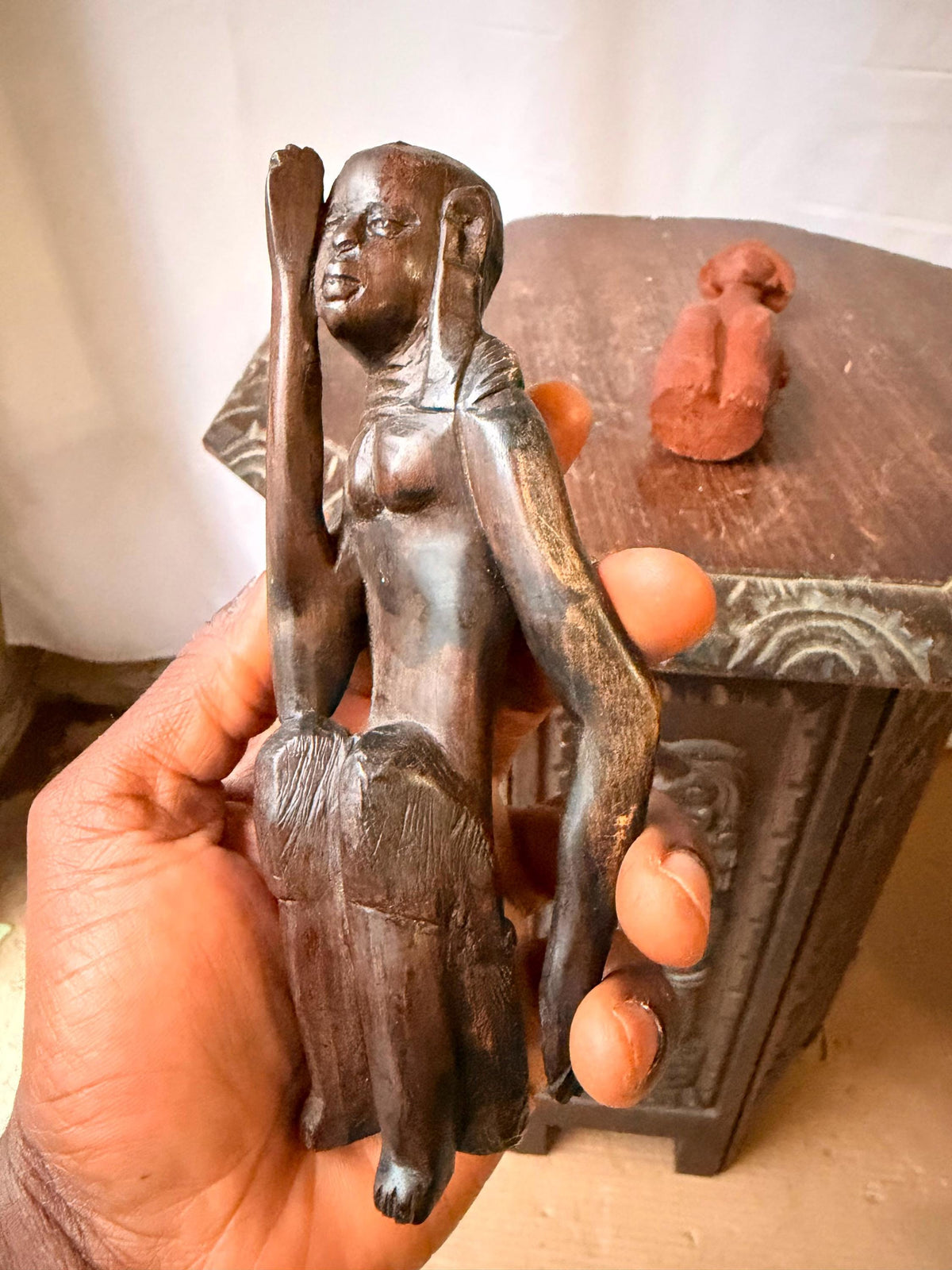 Pair Vintage Carved Wood African Figures Seated Sculpture Tribal Folk Art 7.5"