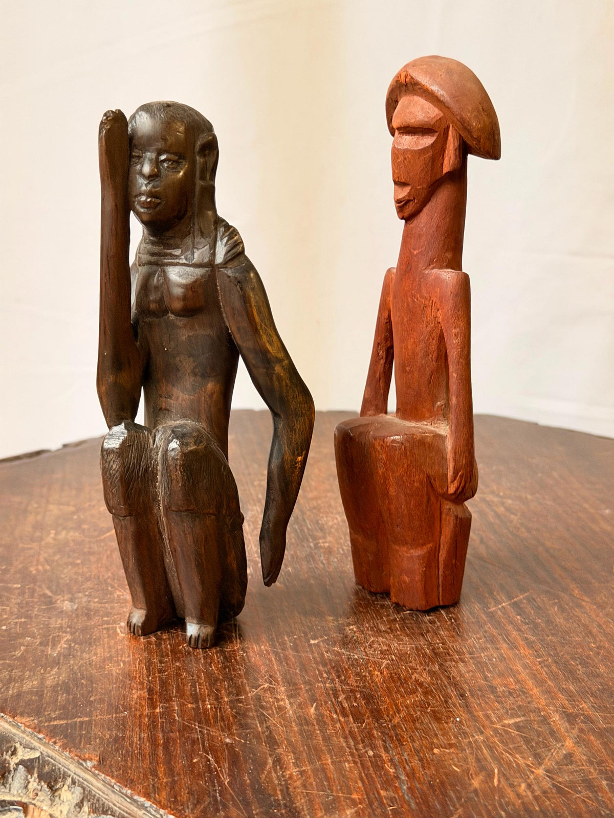 Pair Vintage Carved Wood African Figures Seated Sculpture Tribal Folk Art 7.5"