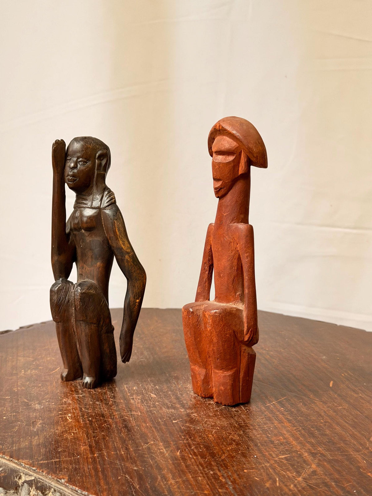 Pair Vintage Carved Wood African Figures Seated Sculpture Tribal Folk Art 7.5"