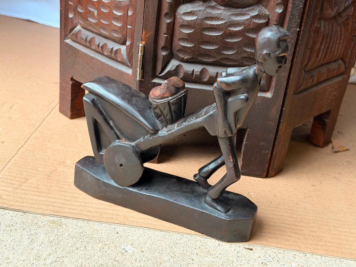 Vintage Carved Wood Man Pushing Cart Sculpture Wheelbarrow Labor Statue 8"
