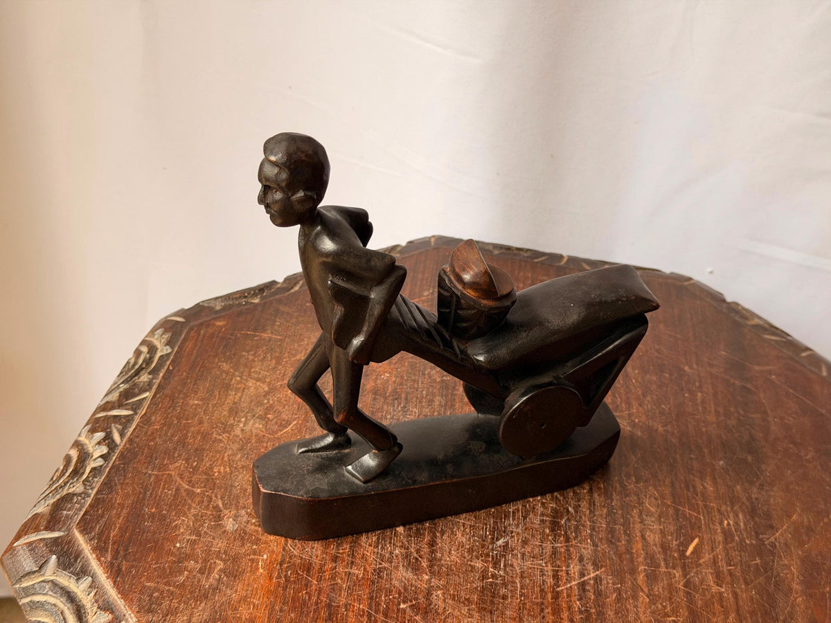 Vintage Carved Wood Man Pushing Cart Sculpture Wheelbarrow Labor Statue 8"