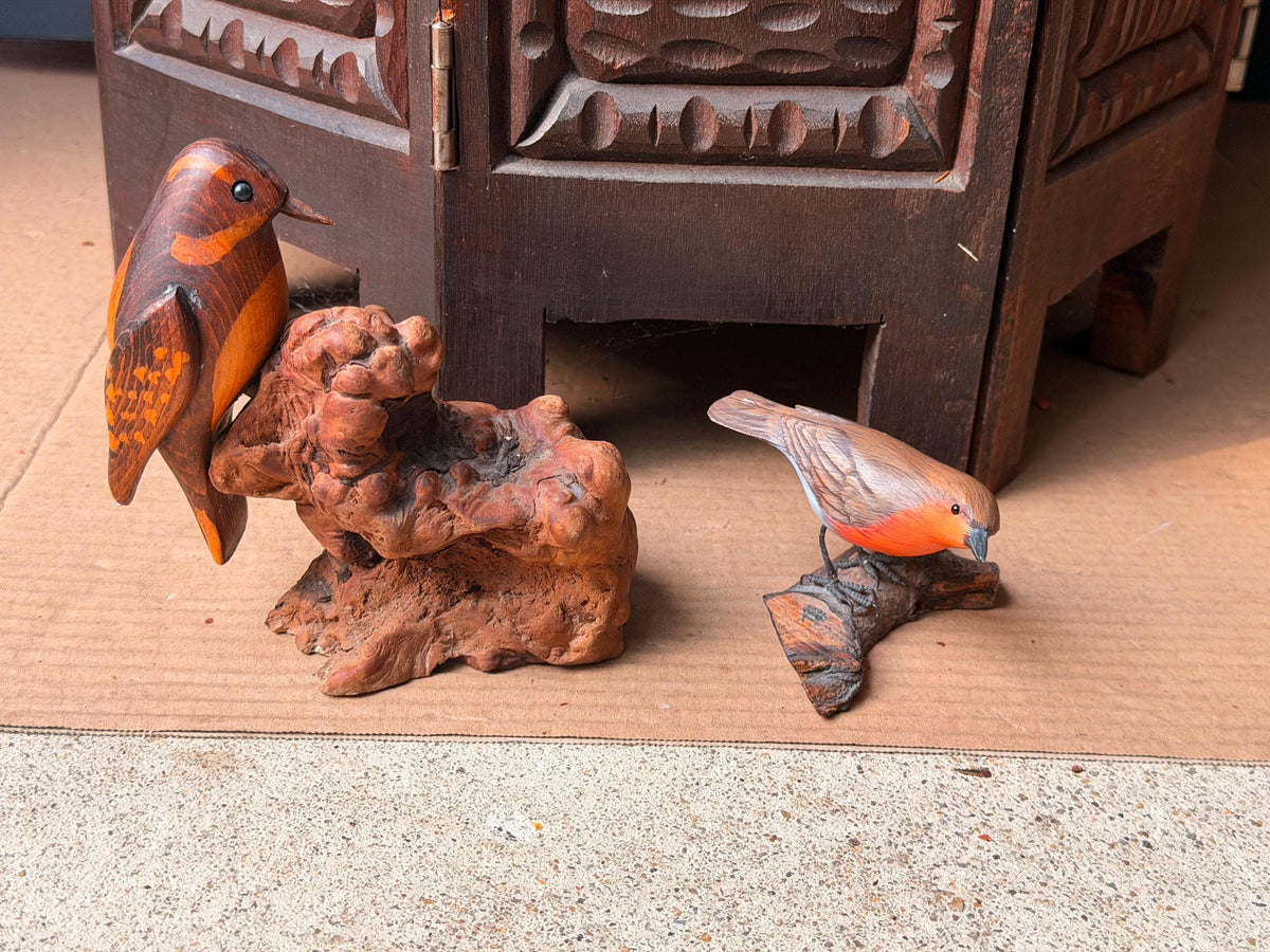 Vintage Hand Carved Wood Bird Figurines Set Burl Driftwood Mounted Songbird