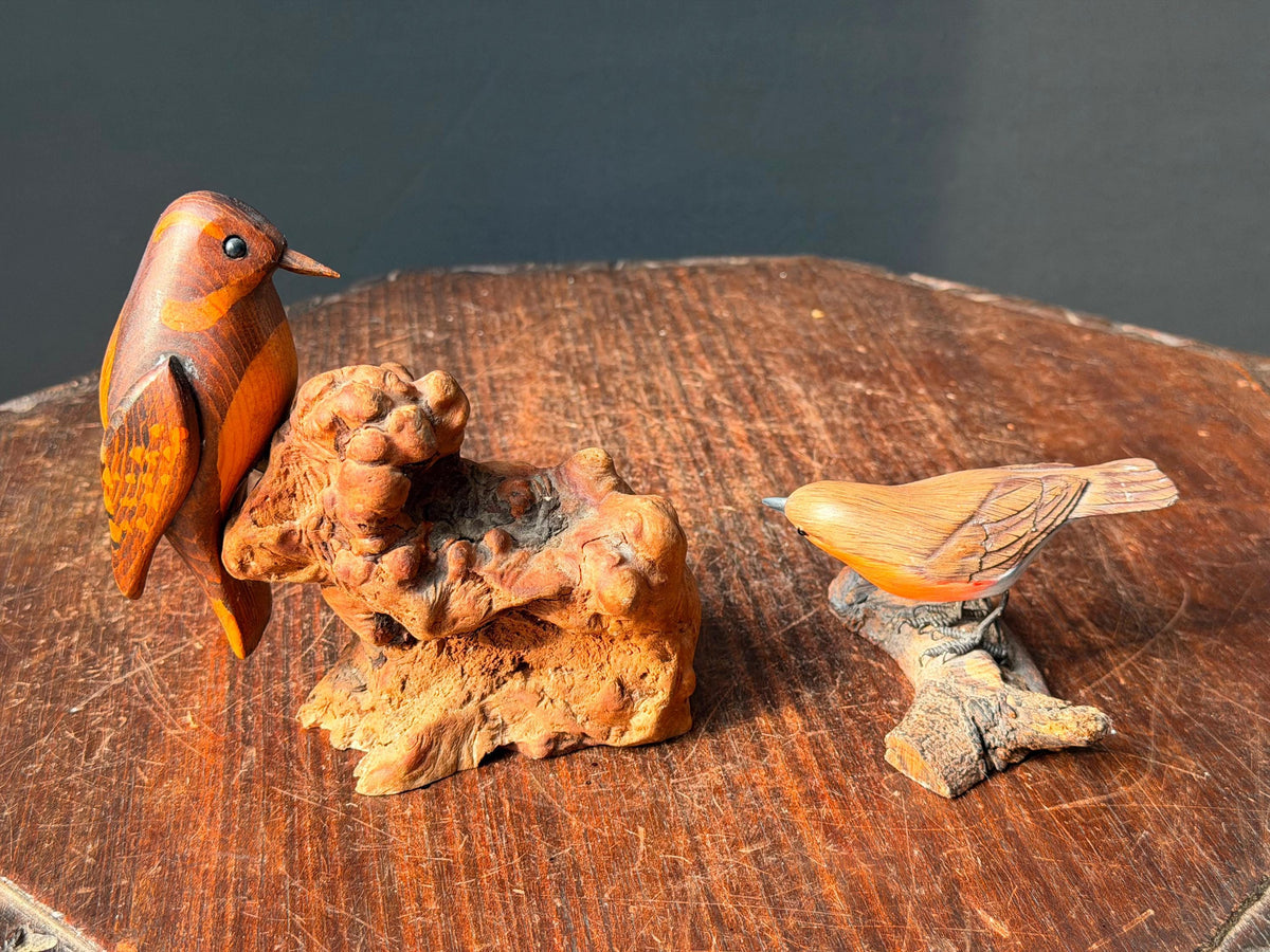 Vintage Hand Carved Wood Bird Figurines Set Burl Driftwood Mounted Songbird