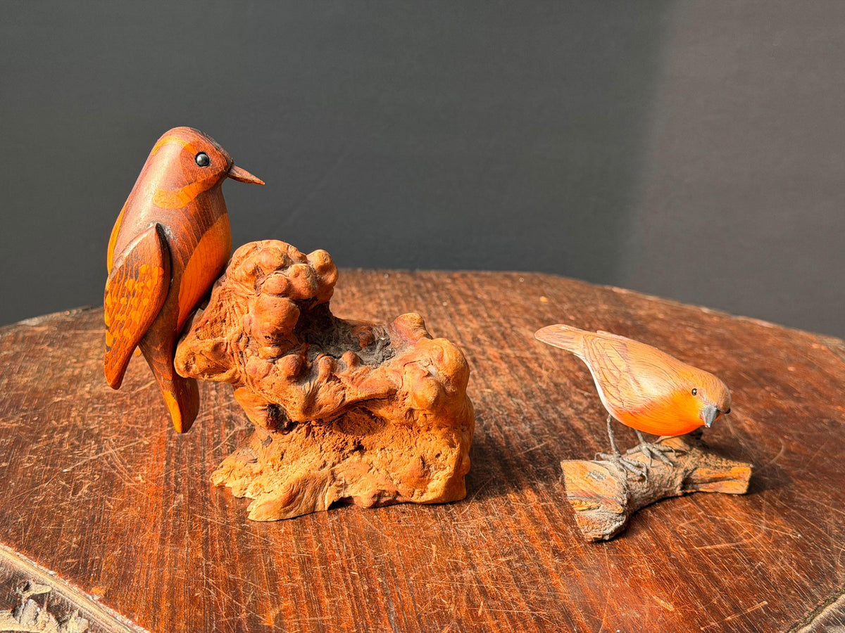 Vintage Hand Carved Wood Bird Figurines Set Burl Driftwood Mounted Songbird