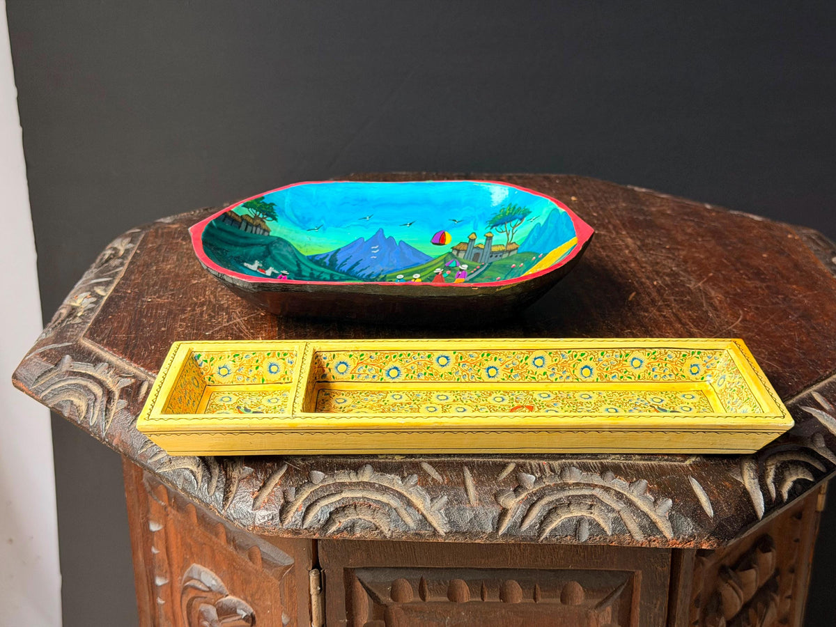 Vintage Hand Painted Wood Tray Bowl Set Folk Art Floral Village Vessel