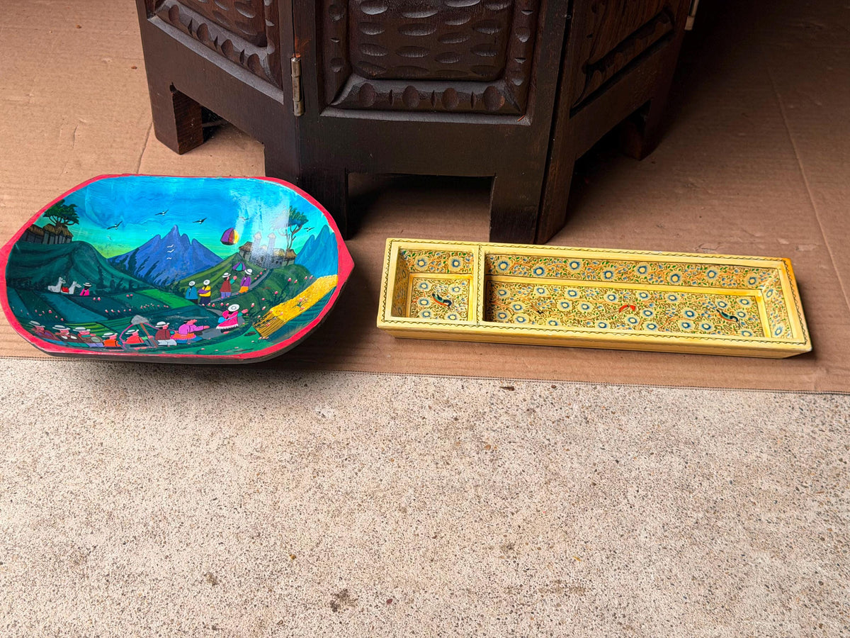 Vintage Hand Painted Wood Tray Bowl Set Folk Art Floral Village Vessel