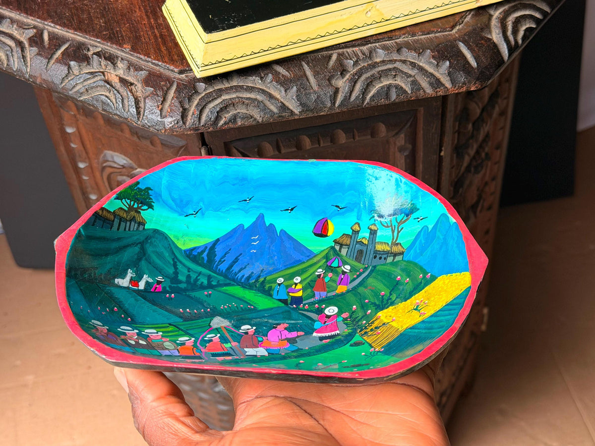 Vintage Hand Painted Wood Tray Bowl Set Folk Art Floral Village Vessel
