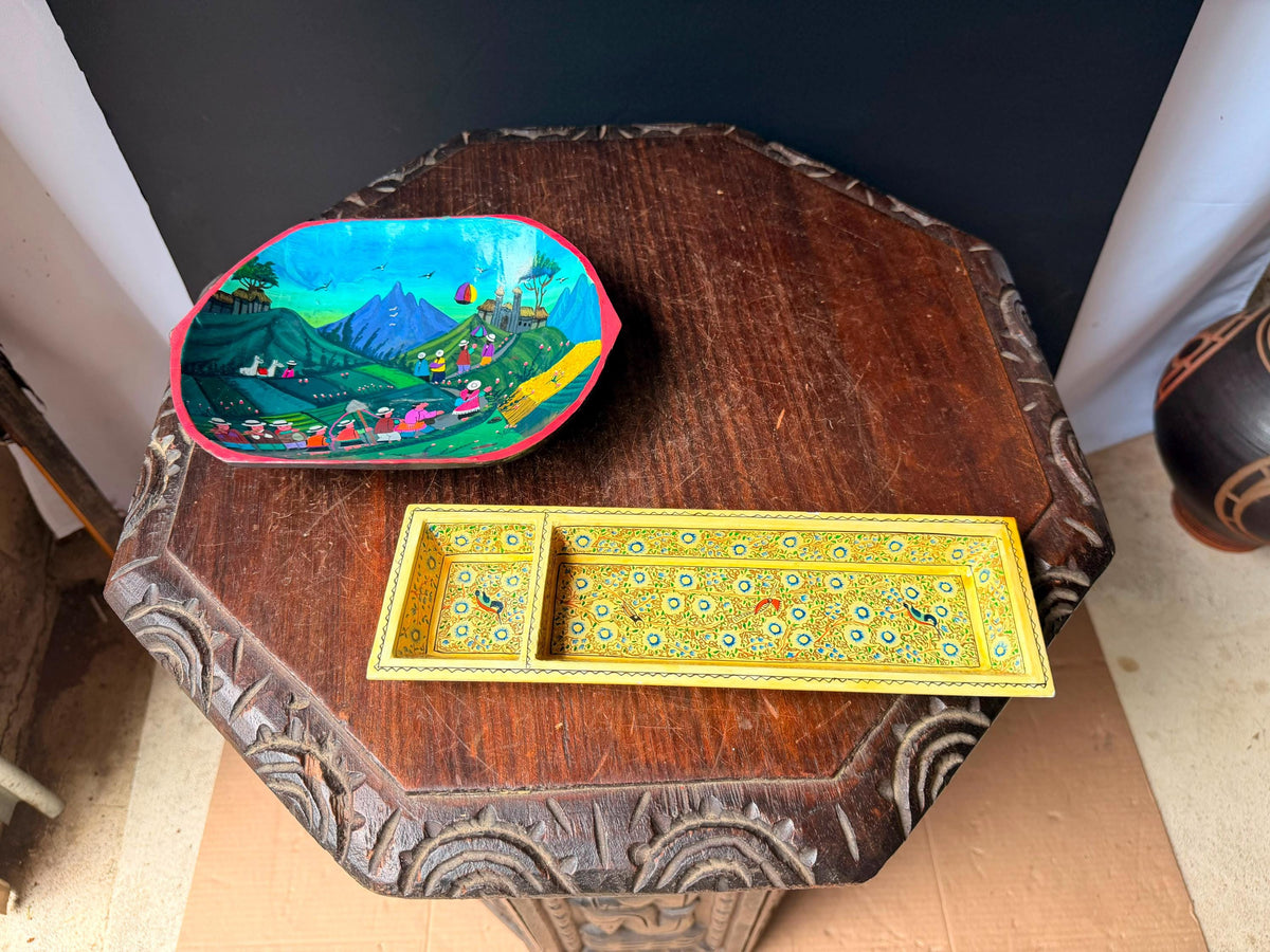 Vintage Hand Painted Wood Tray Bowl Set Folk Art Floral Village Vessel