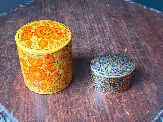 Vintage Hand Painted Lacquer Trinket Box Set Floral Papier Mache Folk Art