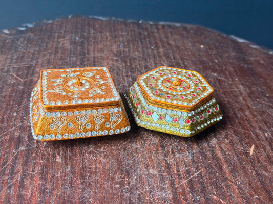 Vintage Bejeweled Trinket Box Set Rhinestone Shisha Mirror Keepsake Vessel