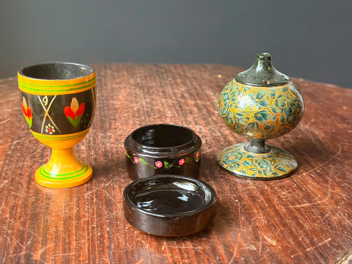 Vintage Hand Painted Wood Lacquer Set Goblet Trinket Box Scent Vessel