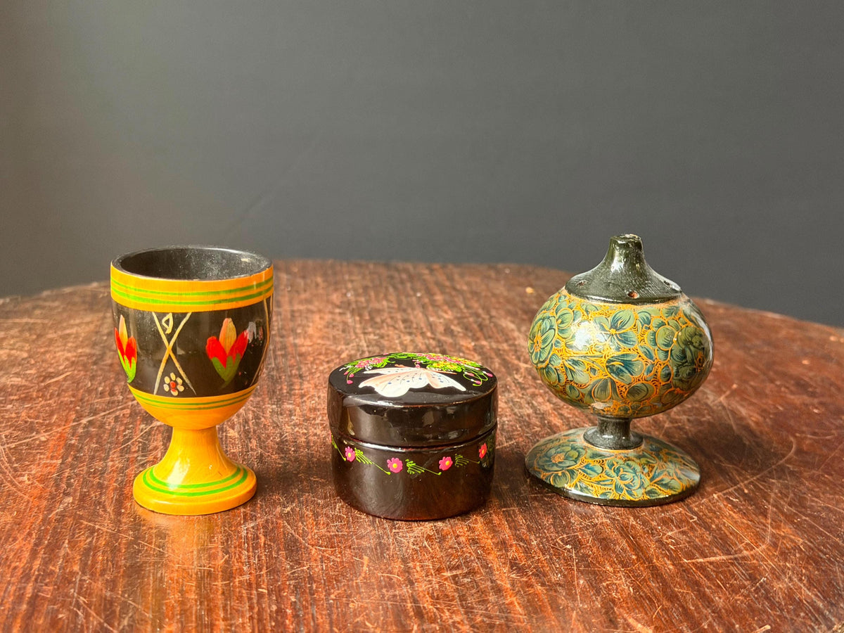 Vintage Hand Painted Wood Lacquer Set Goblet Trinket Box Scent Vessel