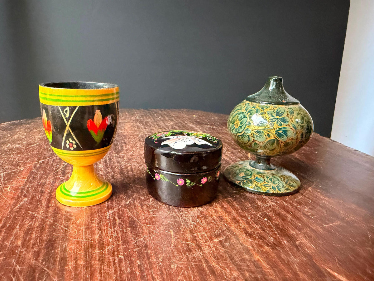 Vintage Hand Painted Wood Lacquer Set Goblet Trinket Box Scent Vessel