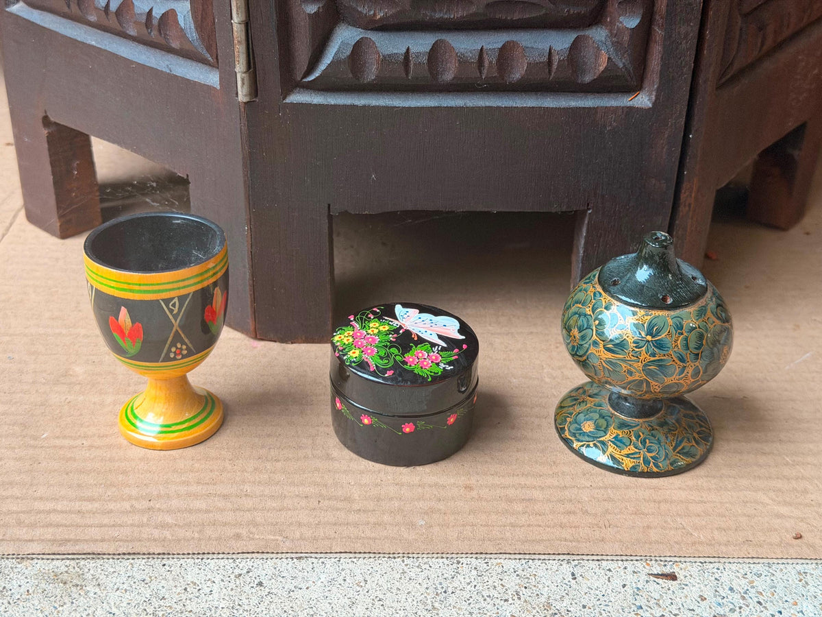 Vintage Hand Painted Wood Lacquer Set Goblet Trinket Box Scent Vessel