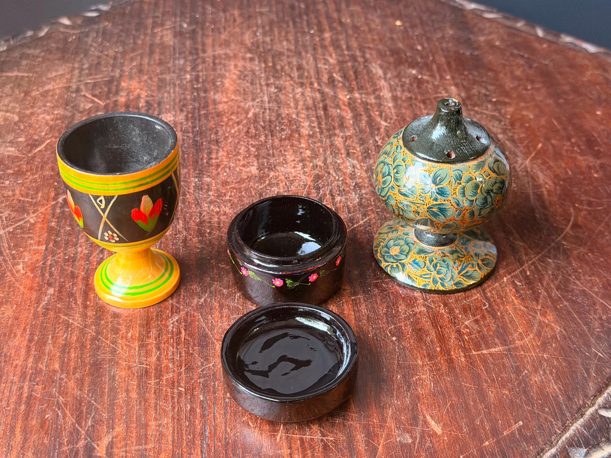 Vintage Hand Painted Wood Lacquer Set Goblet Trinket Box Scent Vessel