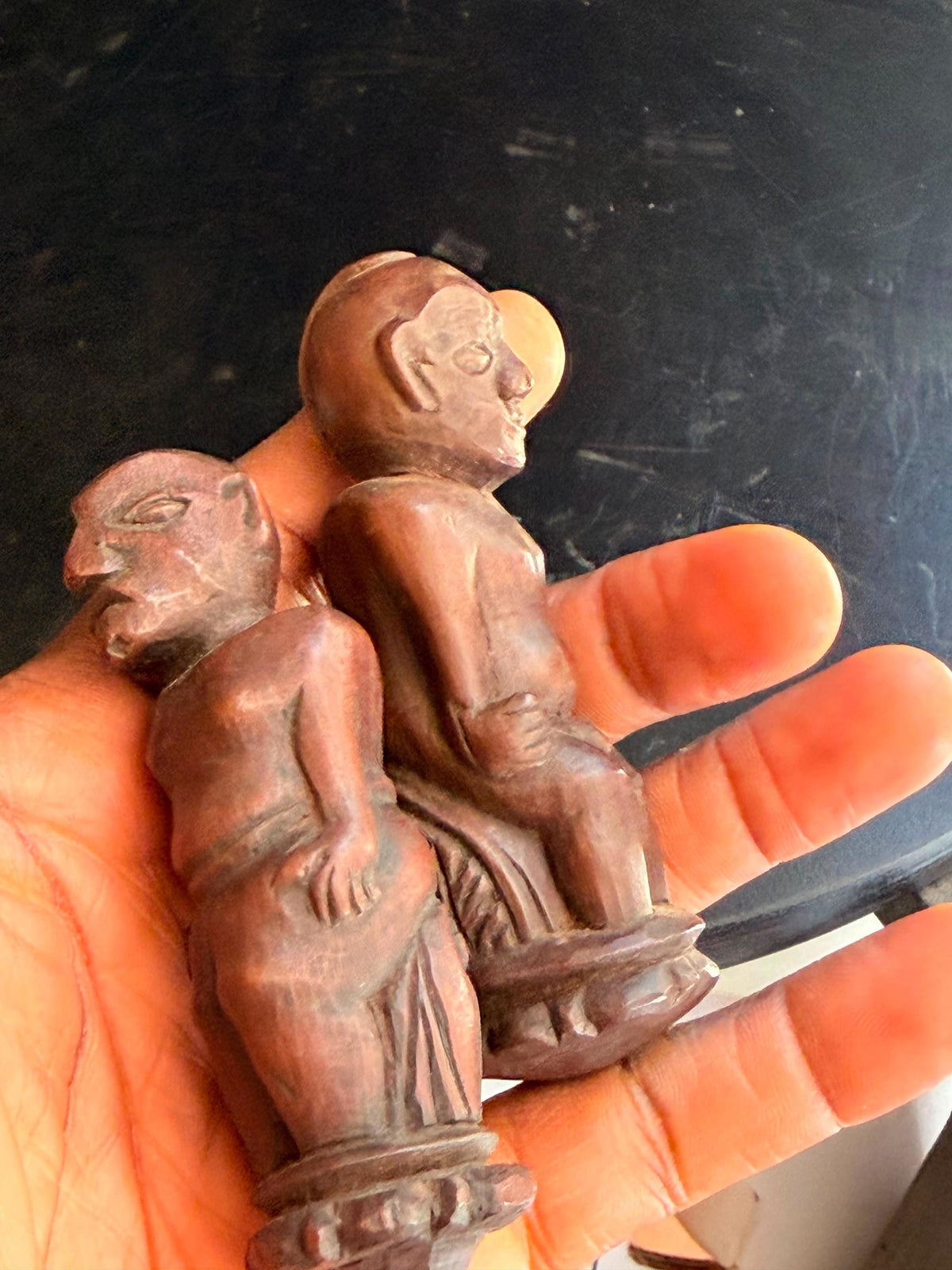 Pair Vintage Carved Wood Indonesian Figures Miniature Finial Stopper Statue 3.8"