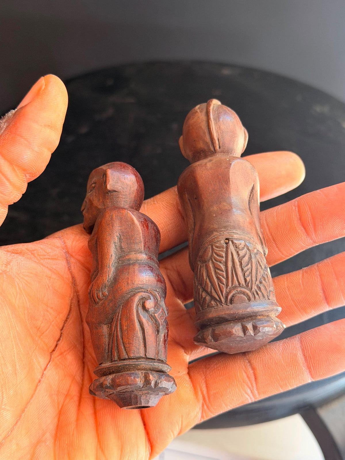 Pair Vintage Carved Wood Indonesian Figures Miniature Finial Stopper Statue 3.8"