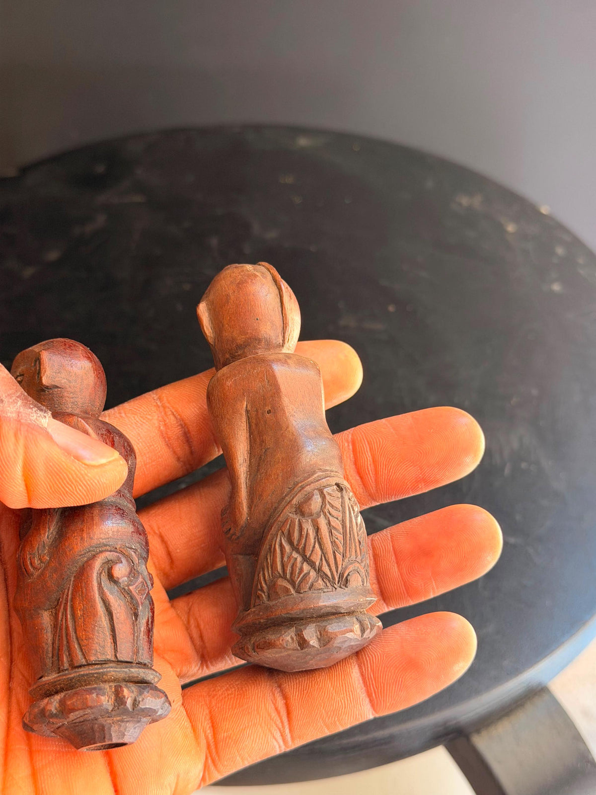 Pair Vintage Carved Wood Indonesian Figures Miniature Finial Stopper Statue 3.8"