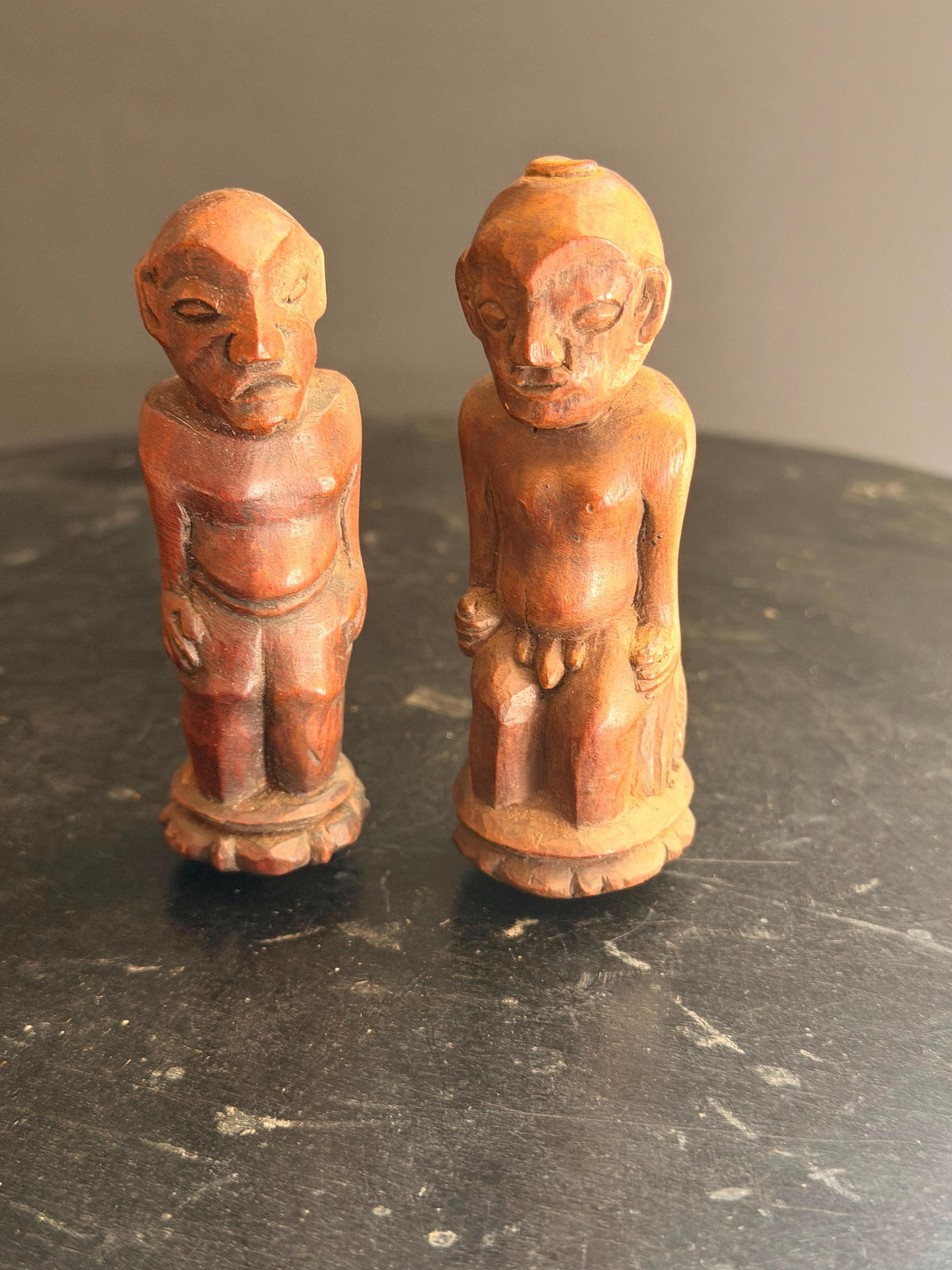 Pair Vintage Carved Wood Indonesian Figures Miniature Finial Stopper Statue 3.8"