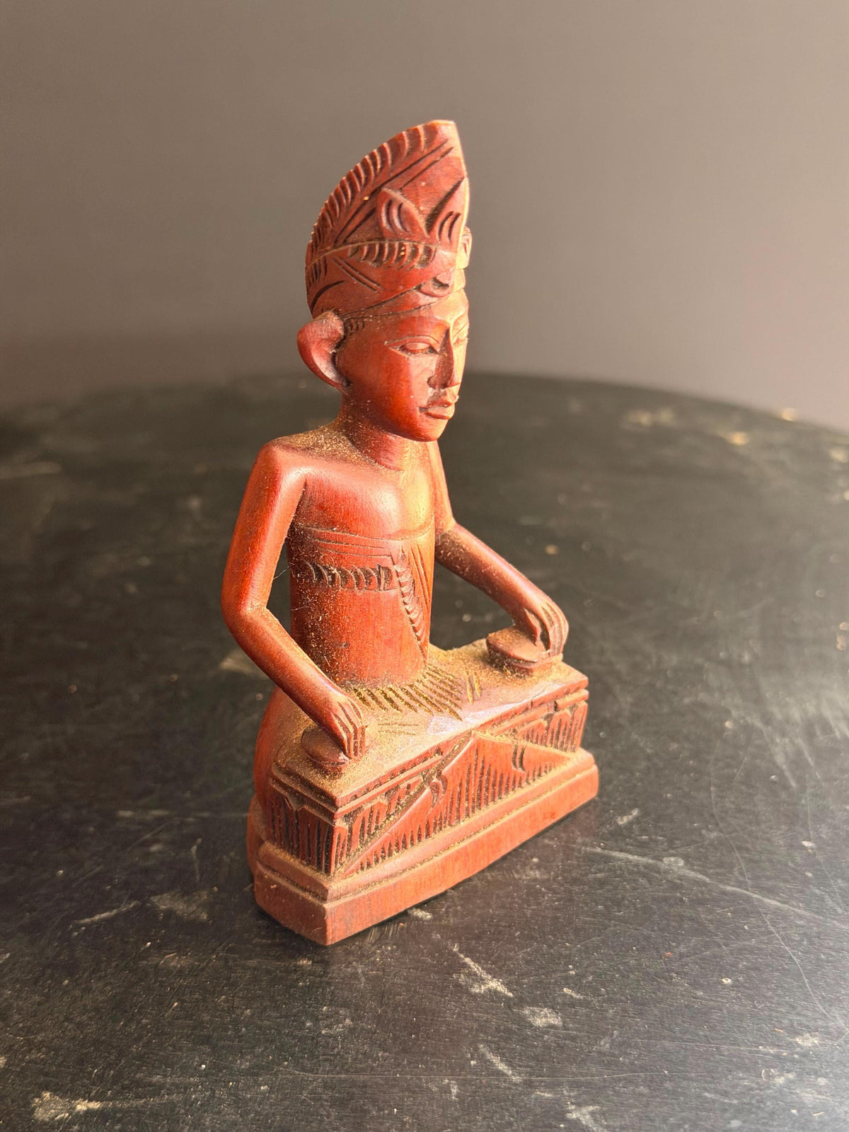 Vintage Balinese Carved Wood Gamelan Musician Statue Indonesian Figure 4.5"
