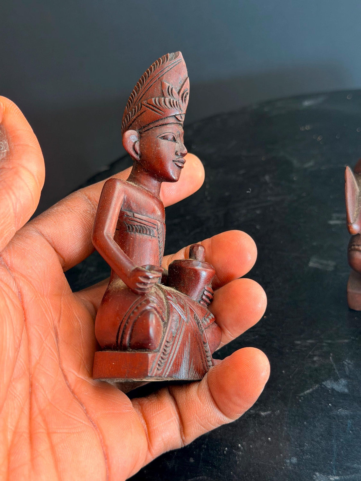Pair Vintage Balinese Carved Wood Dancer Musician Statue Figures 4.5"