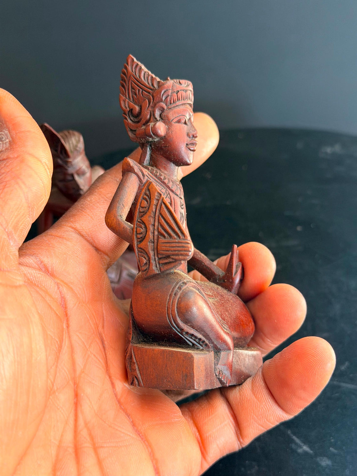 Pair Vintage Balinese Carved Wood Dancer Musician Statue Figures 4.5"