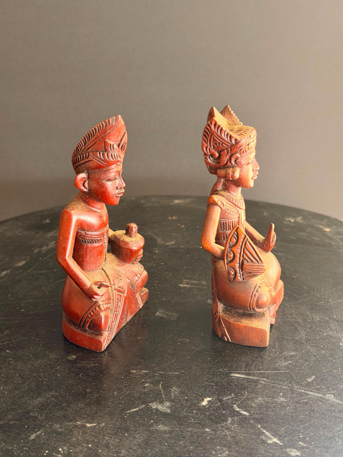 Pair Vintage Balinese Carved Wood Dancer Musician Statue Figures 4.5"