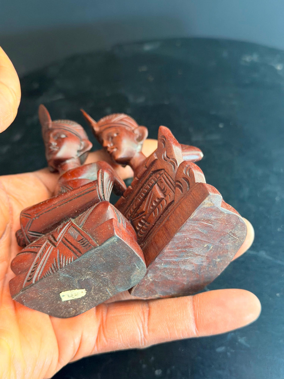 Vintage Balinese Carved Wood Gamelan Musician Pair Kendang Drum Statue 4.5"