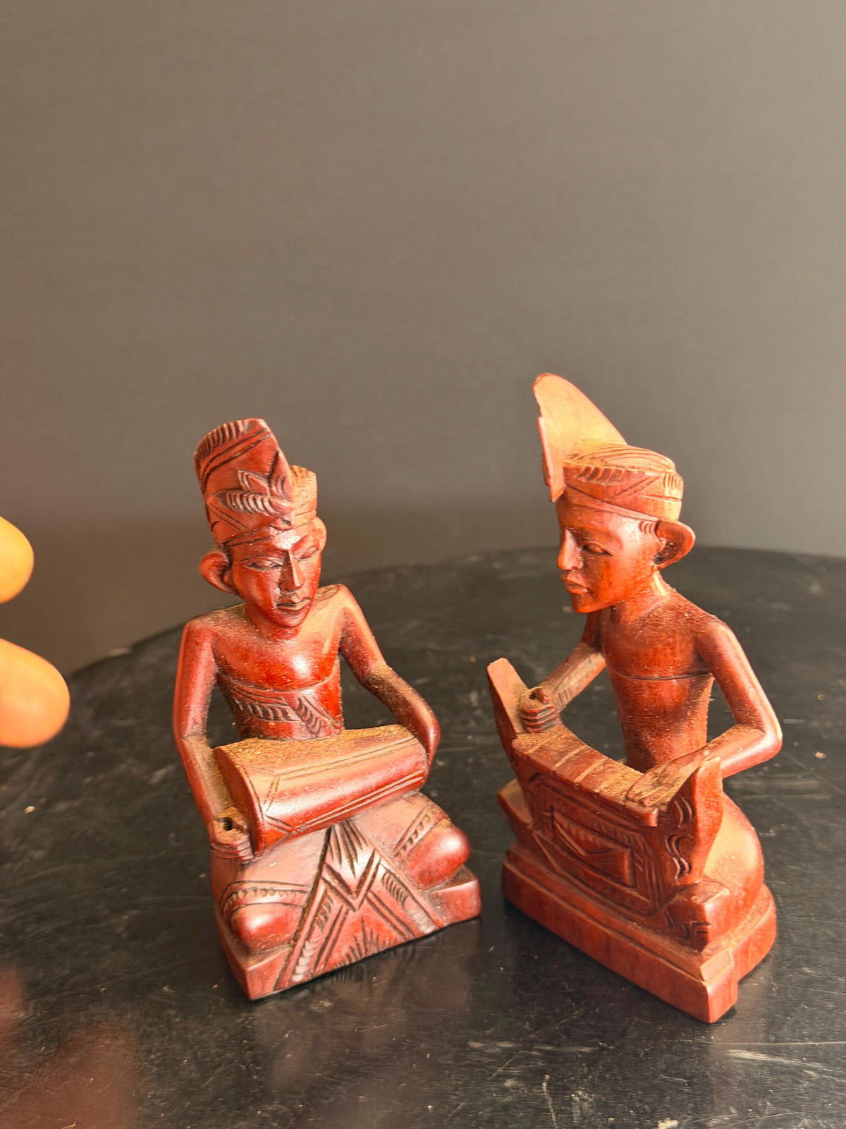 Vintage Balinese Carved Wood Gamelan Musician Pair Kendang Drum Statue 4.5"