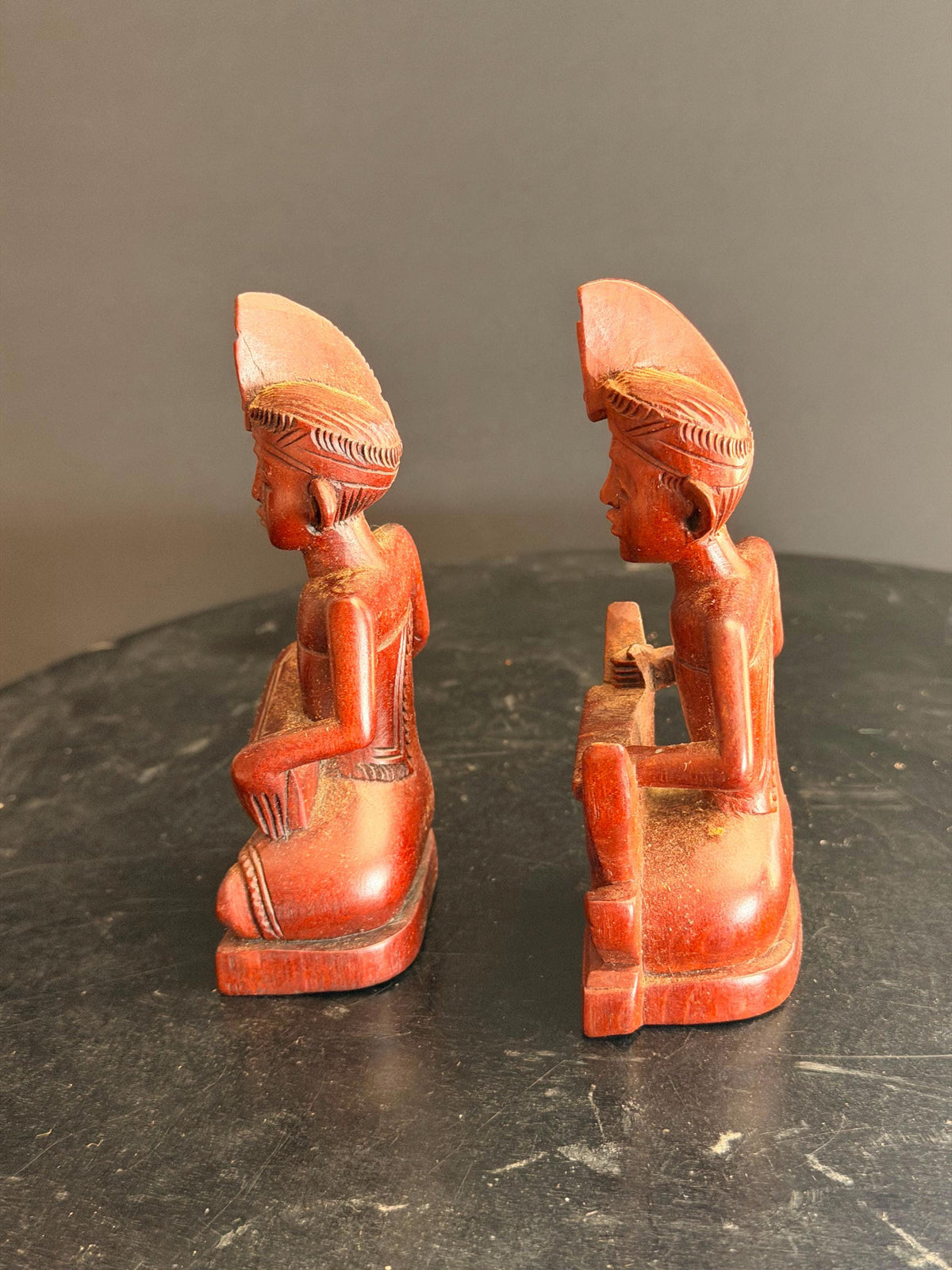 Vintage Balinese Carved Wood Gamelan Musician Pair Kendang Drum Statue 4.5"