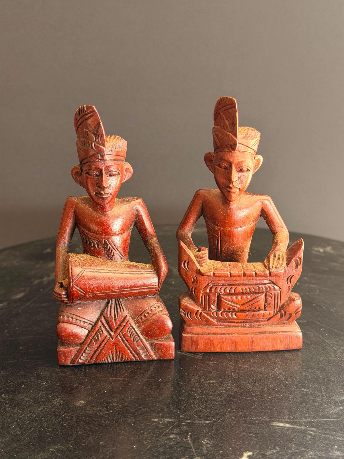 Vintage Balinese Carved Wood Gamelan Musician Pair Kendang Drum Statue 4.5"