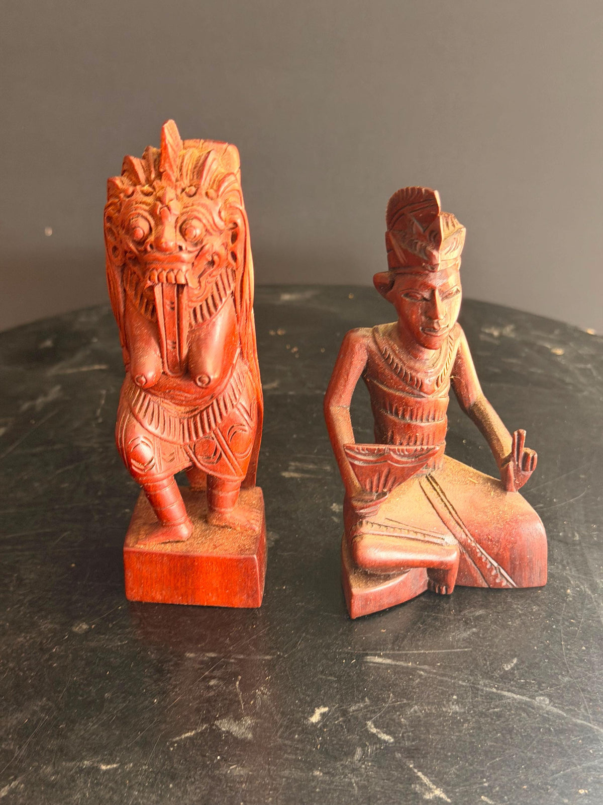 Pair Vintage Balinese Carved Wood Rangda Demon & Dancer Statues 5"