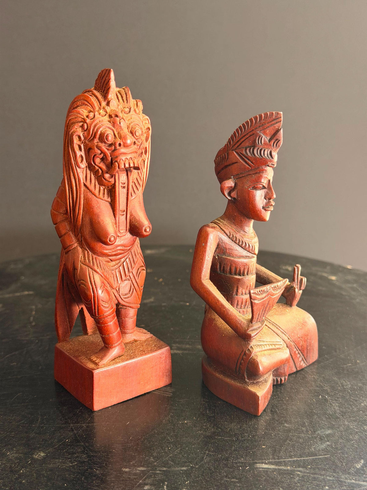 Pair Vintage Balinese Carved Wood Rangda Demon & Dancer Statues 5"