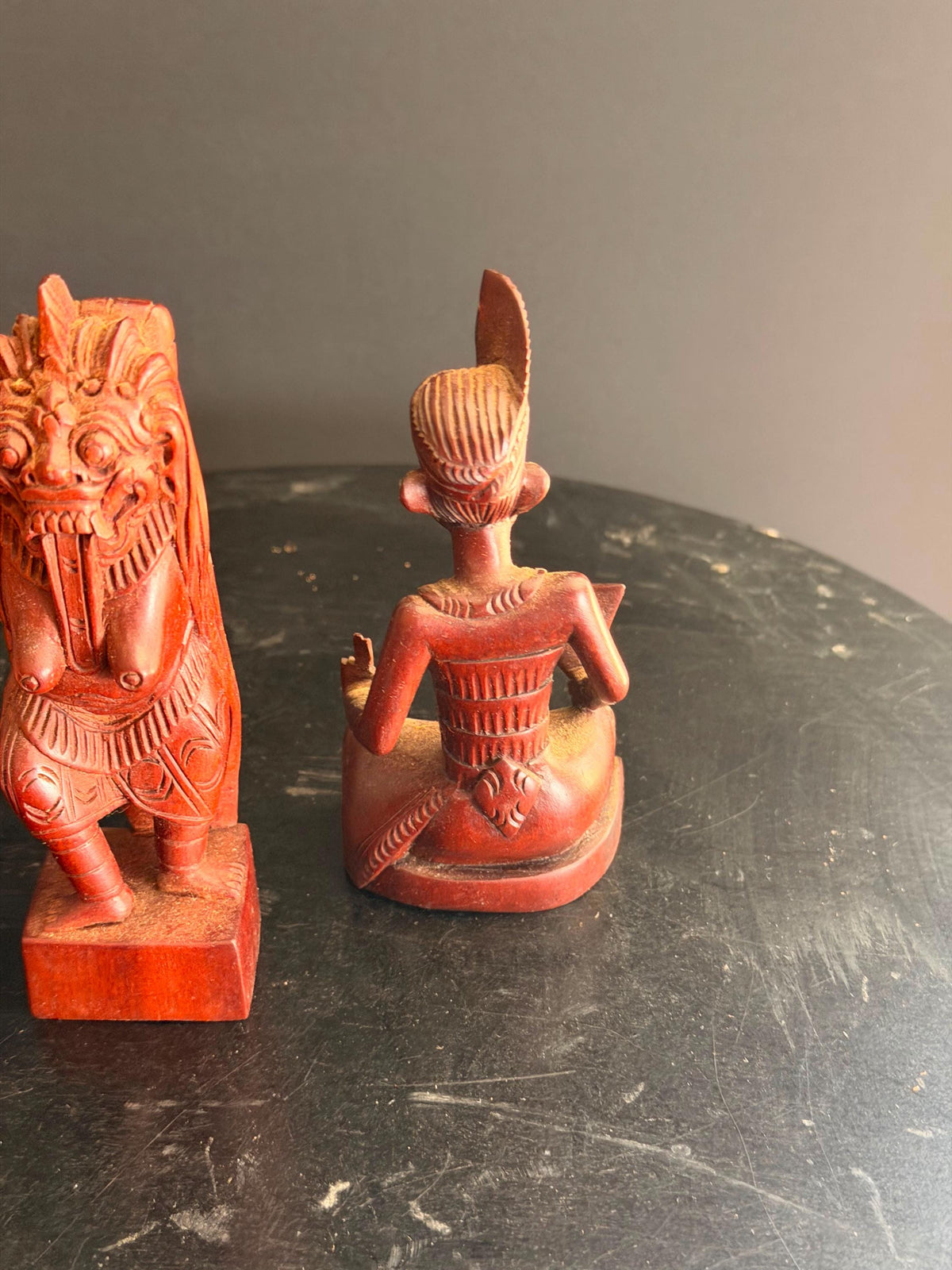 Pair Vintage Balinese Carved Wood Rangda Demon & Dancer Statues 5"
