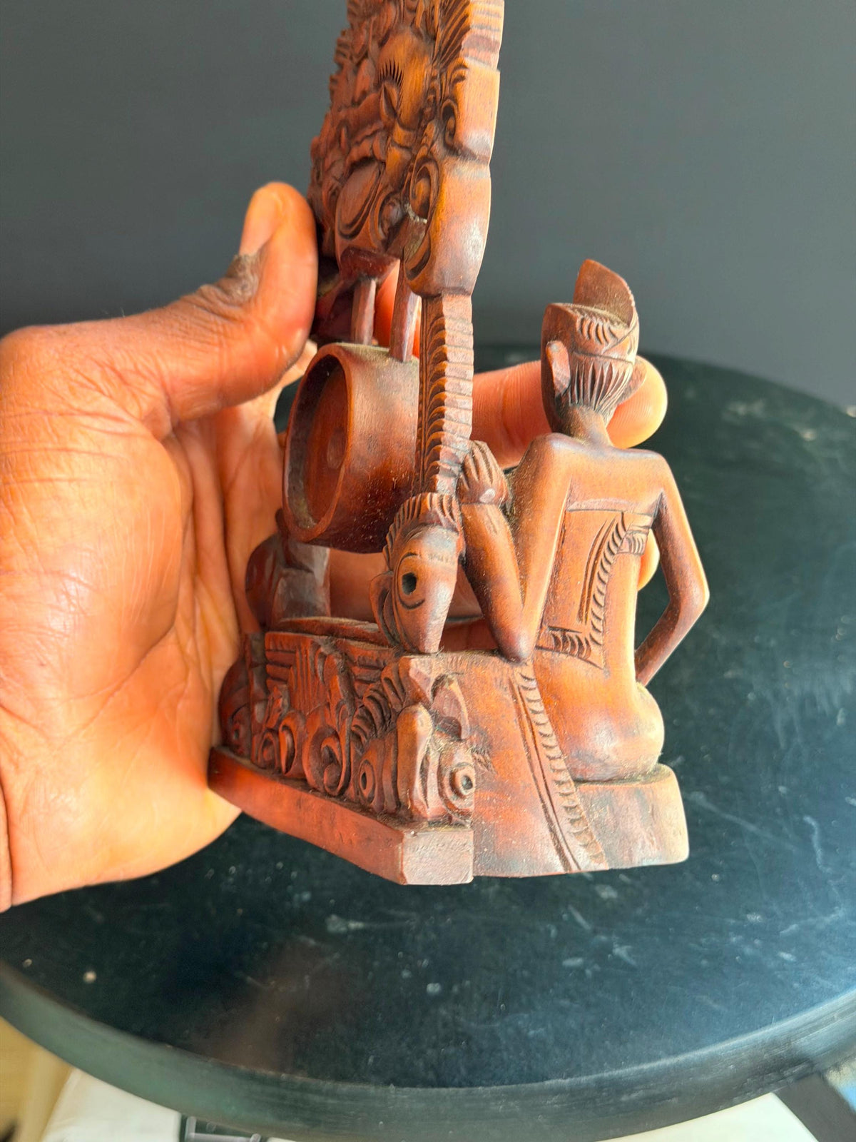 Vintage Balinese Carved Wood Gamelan Gong Player Statue Boma Mask 7.8"