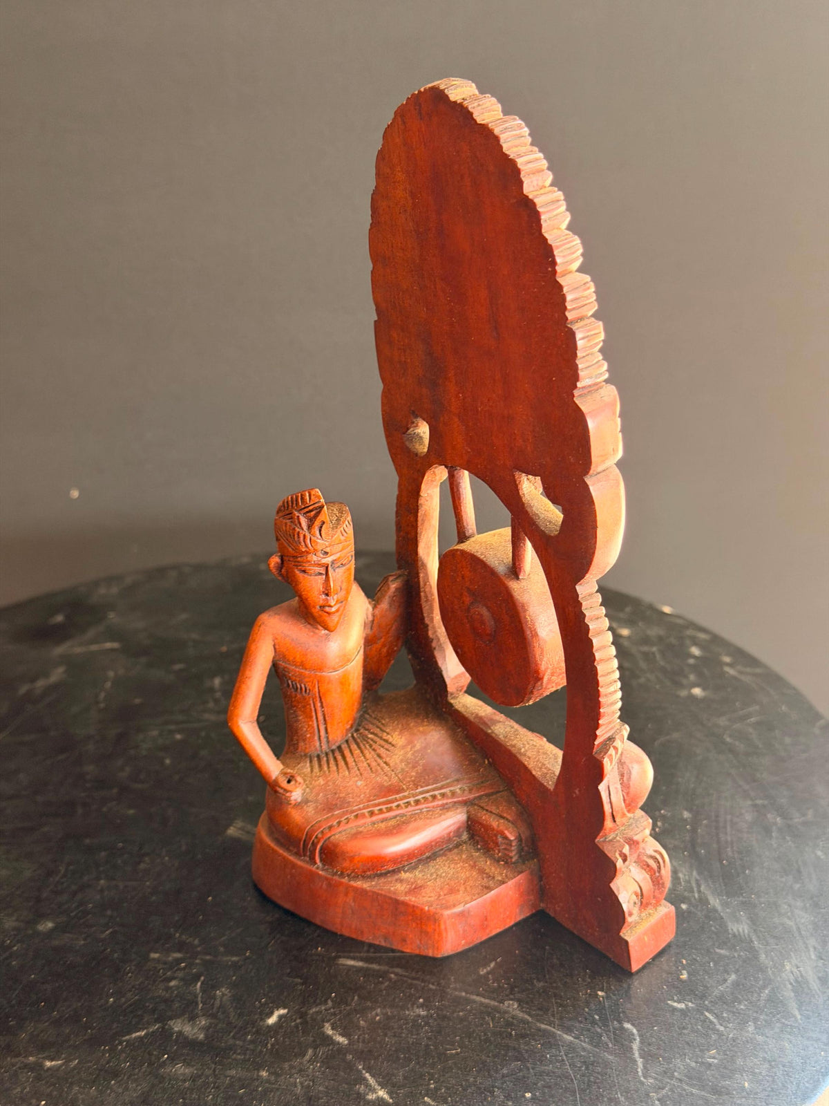 Vintage Balinese Carved Wood Gamelan Gong Player Statue Boma Mask 7.8"