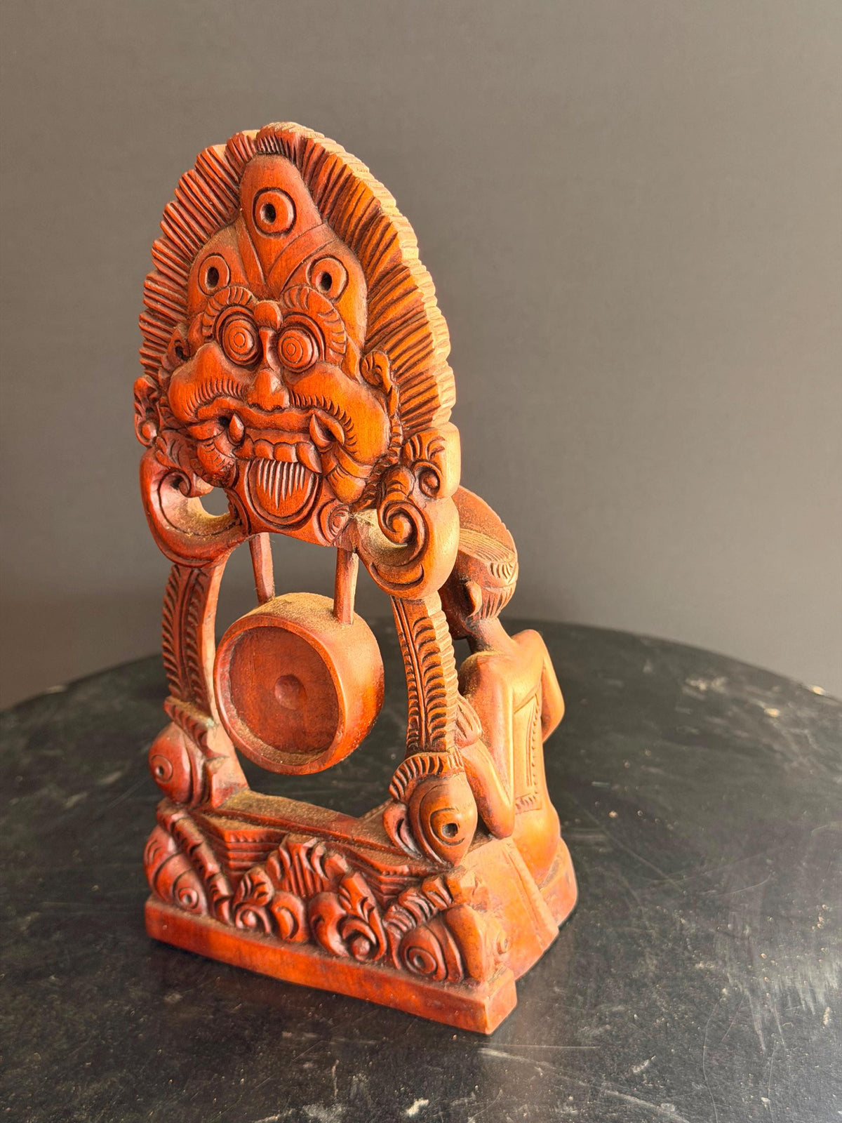 Vintage Balinese Carved Wood Gamelan Gong Player Statue Boma Mask 7.8"