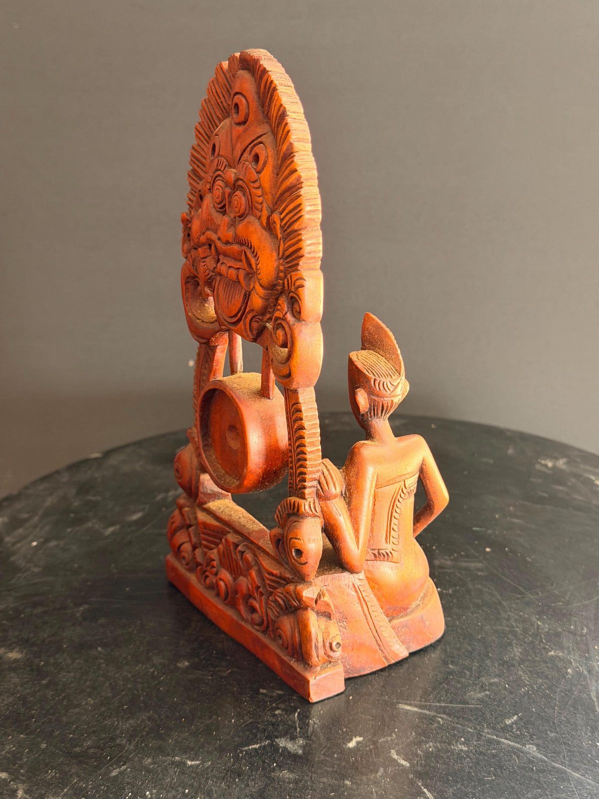 Vintage Balinese Carved Wood Gamelan Gong Player Statue Boma Mask 7.8"